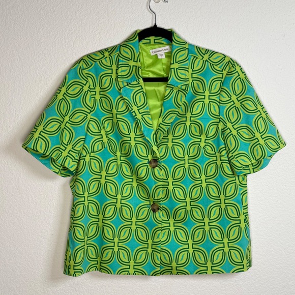 Coldwater Creek Green Leafy Geo Print Cotton Blend Short Sleeve Blazer Jacket - Picture 1 of 5